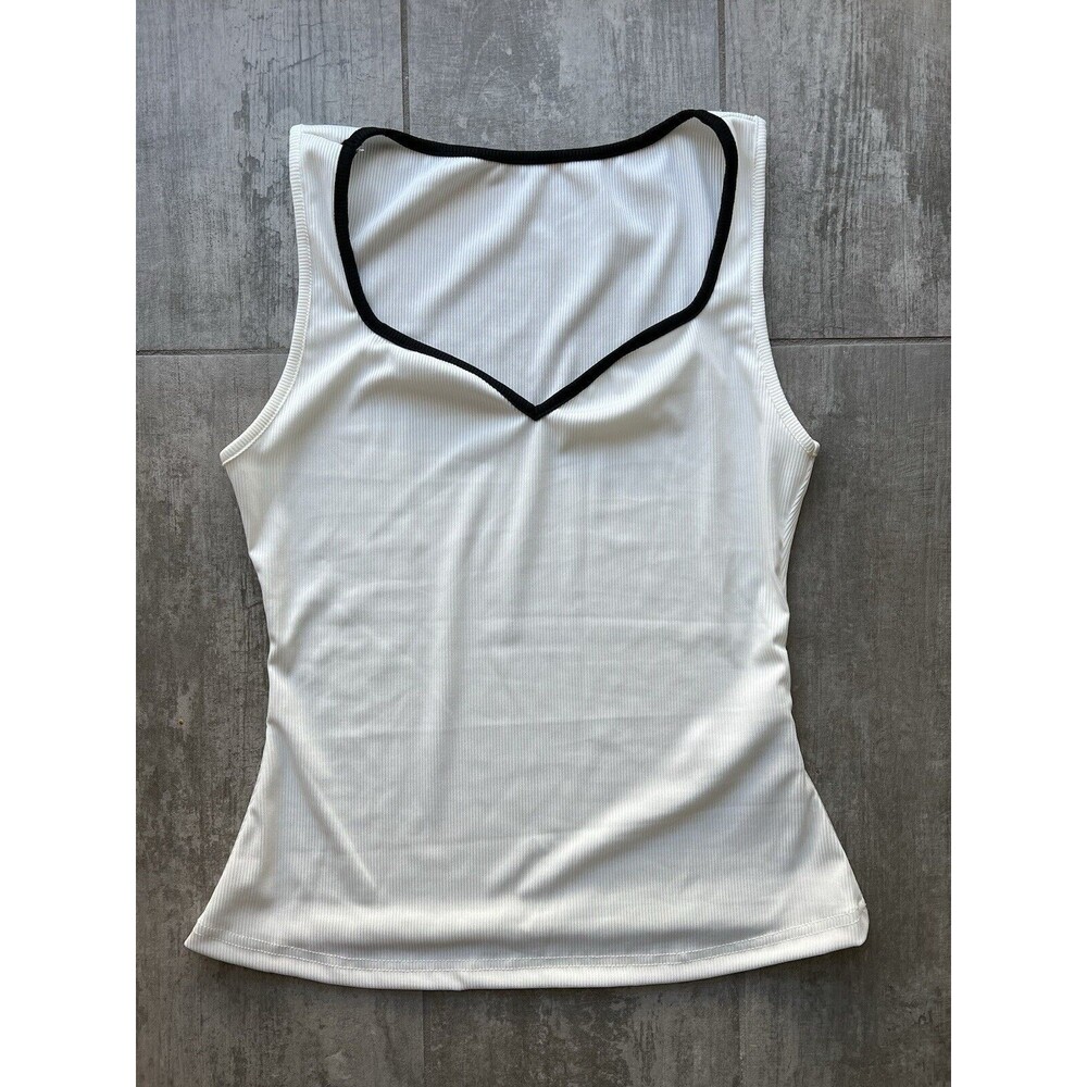 Sweetheart Neck Ribbed Stretch White Black Trim Colorblock Casual Tank Top NEW M - Picture 4 of 10
